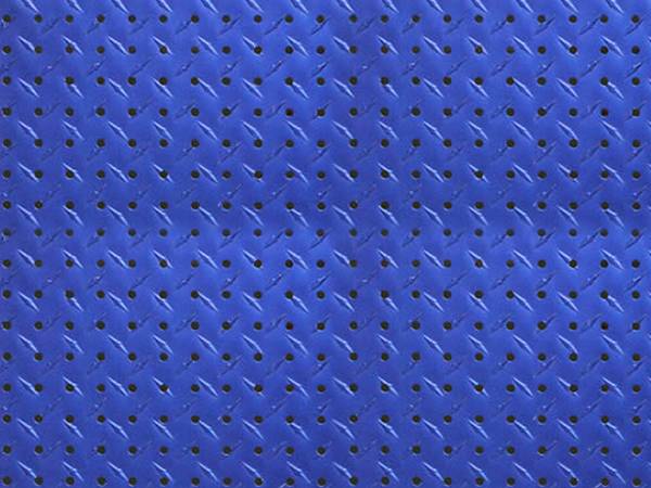 Carbon steel chequered plate with round holes painted in blue color.